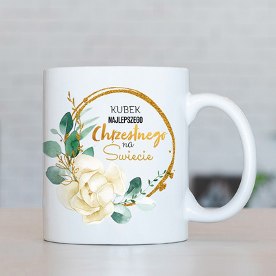 Chrzest: Kubek dla Chrzestnego z personalizacją, złoty ornament
