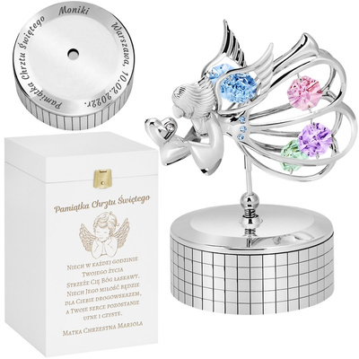 Chrzest: Posrebrzana pozytywka aniołek Austrian Crystal z grawerem